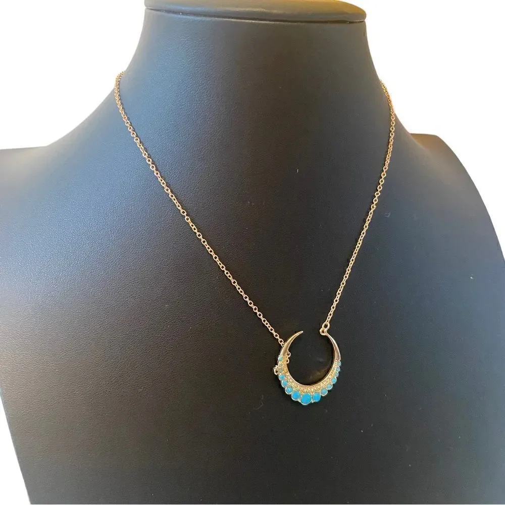 Turquoise & Sparkle Moon Gold Toned Necklace.